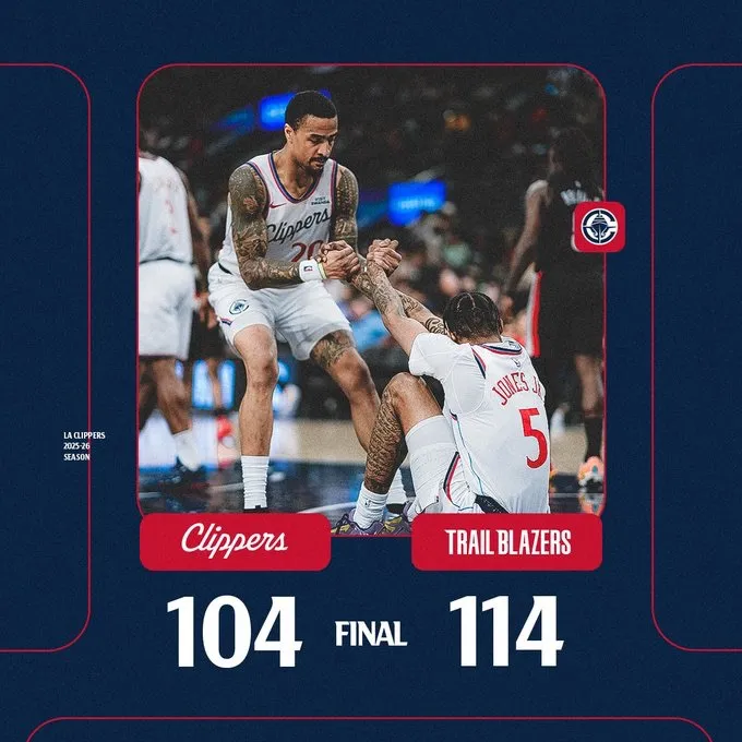 快船分享本场比赛失利海报，球队常规赛战绩来到39胜37负